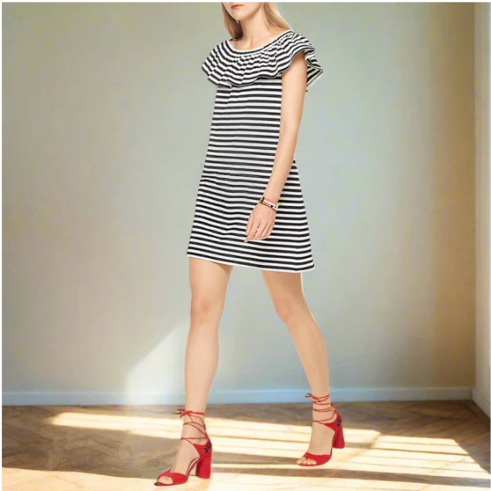Kate Spade Mini Dress Off Shoulder Black Stripe Shift Cotton A-Line Ruffle